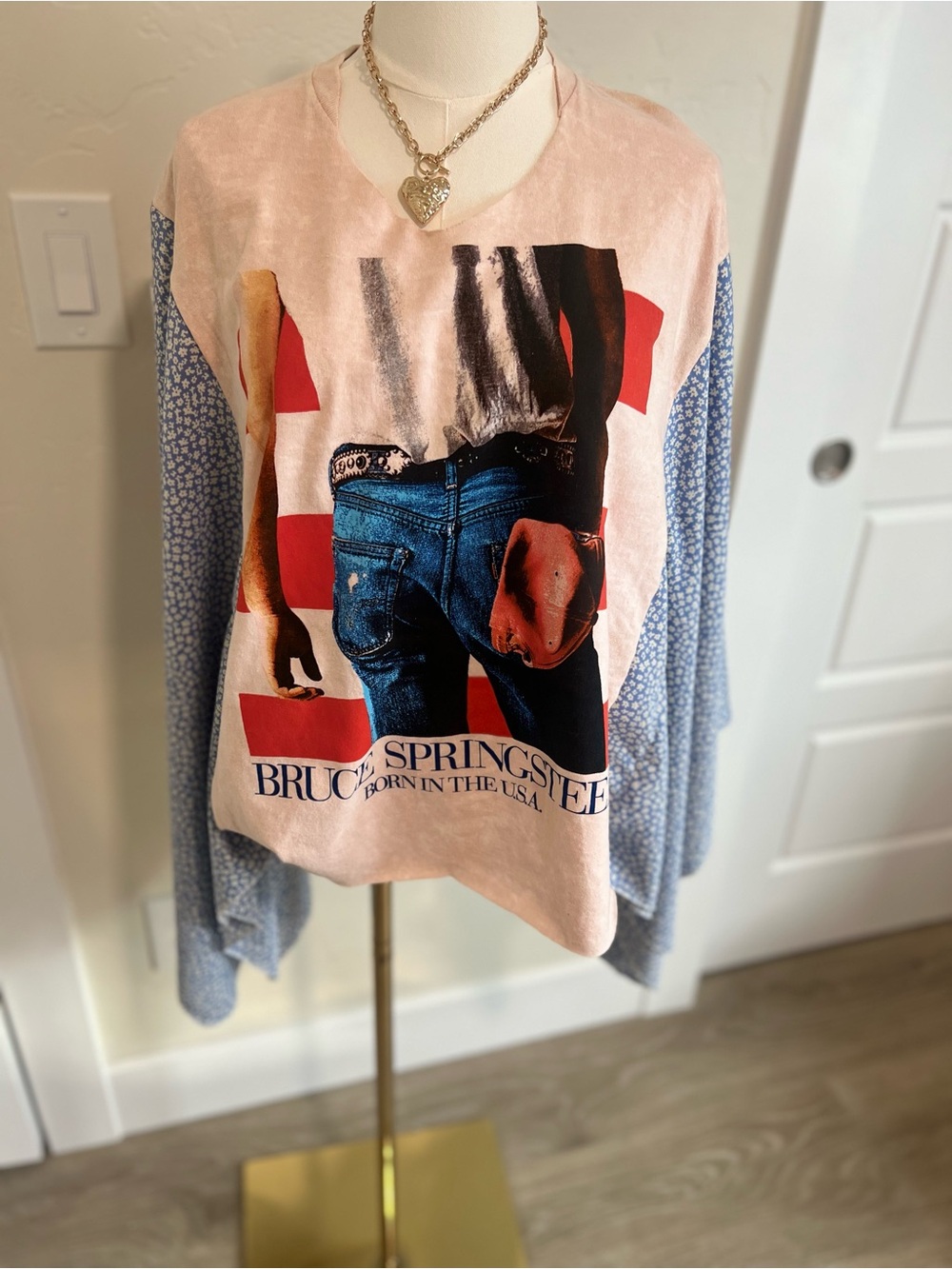 Upcycled Bruce Springsteen Graphic Long-Sleeve Boho Top - Light Pink & Blue 🌷